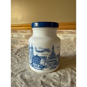 Vintage German Ceramic Milk Glass Mustard Jar Blue Lid & Scenic Village Design